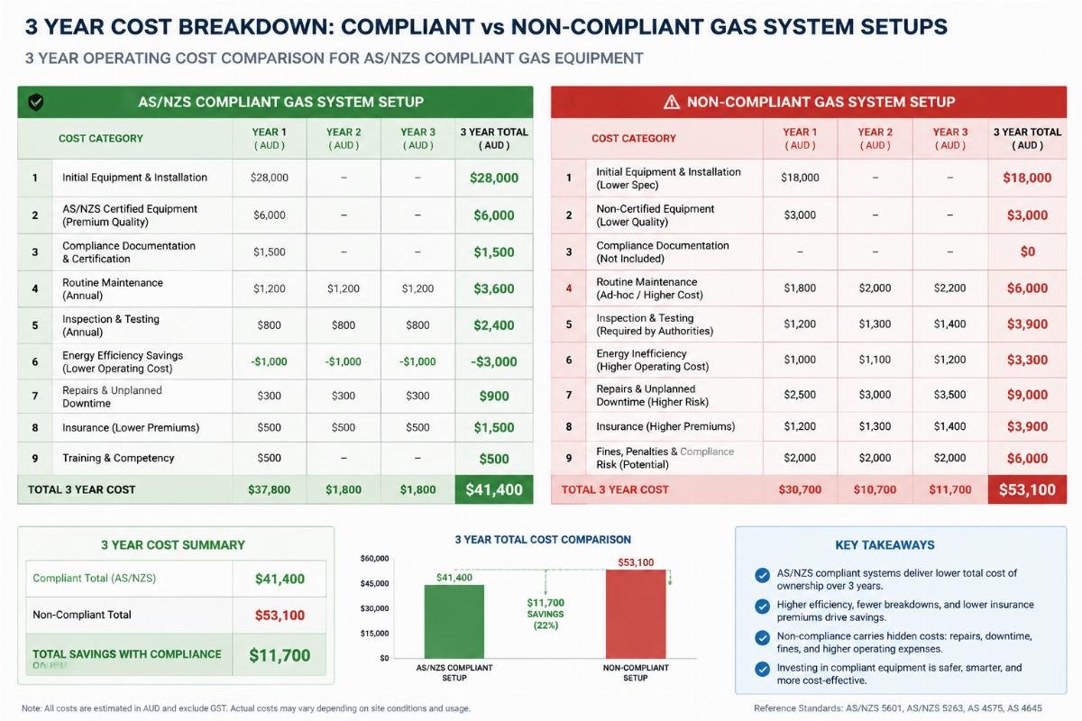 Side by side 3 year cost breakdown spreadsheet for compliant vs non-compliant gas system setups