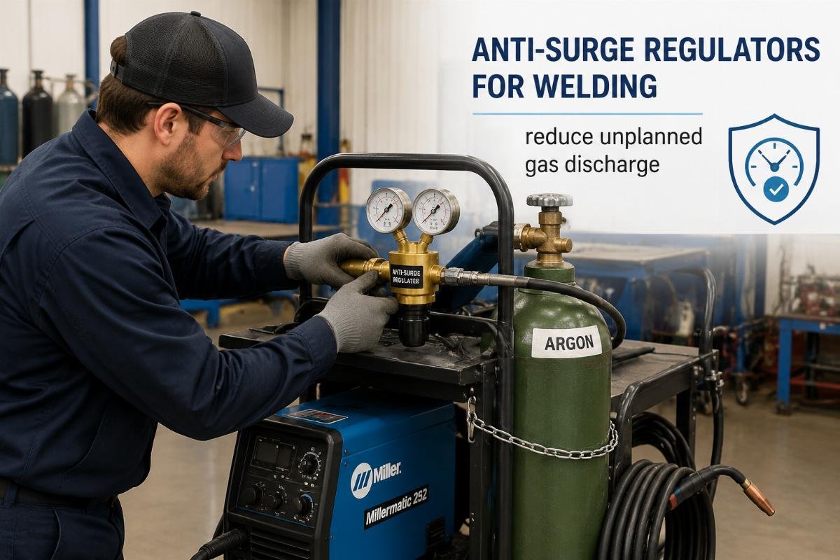Technician installing an anti-surge regulator on a site welding cart