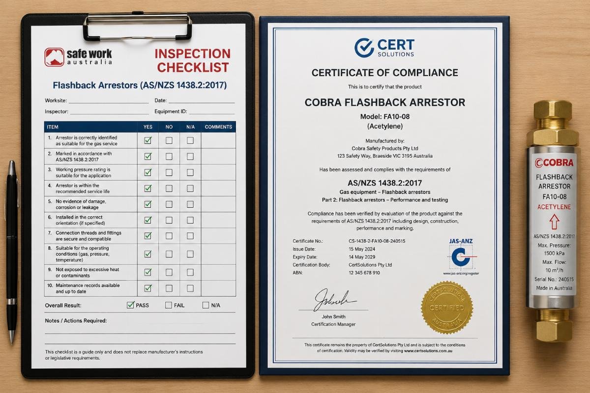 Safe Work Australia inspection checklist next to a valid AS/NZS compliance certificate for COBRA arrestors