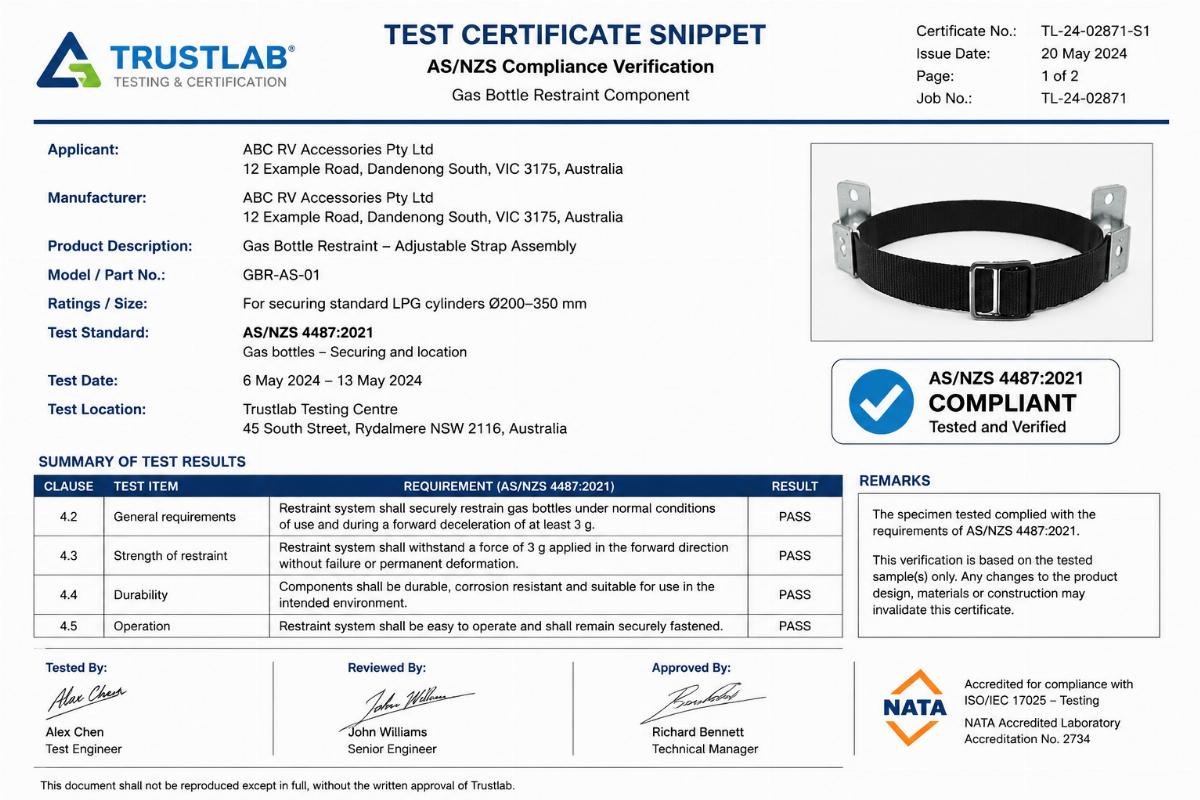 A test certificate snippet showing AS/NZS compliance verification for a gas bottle restraint component