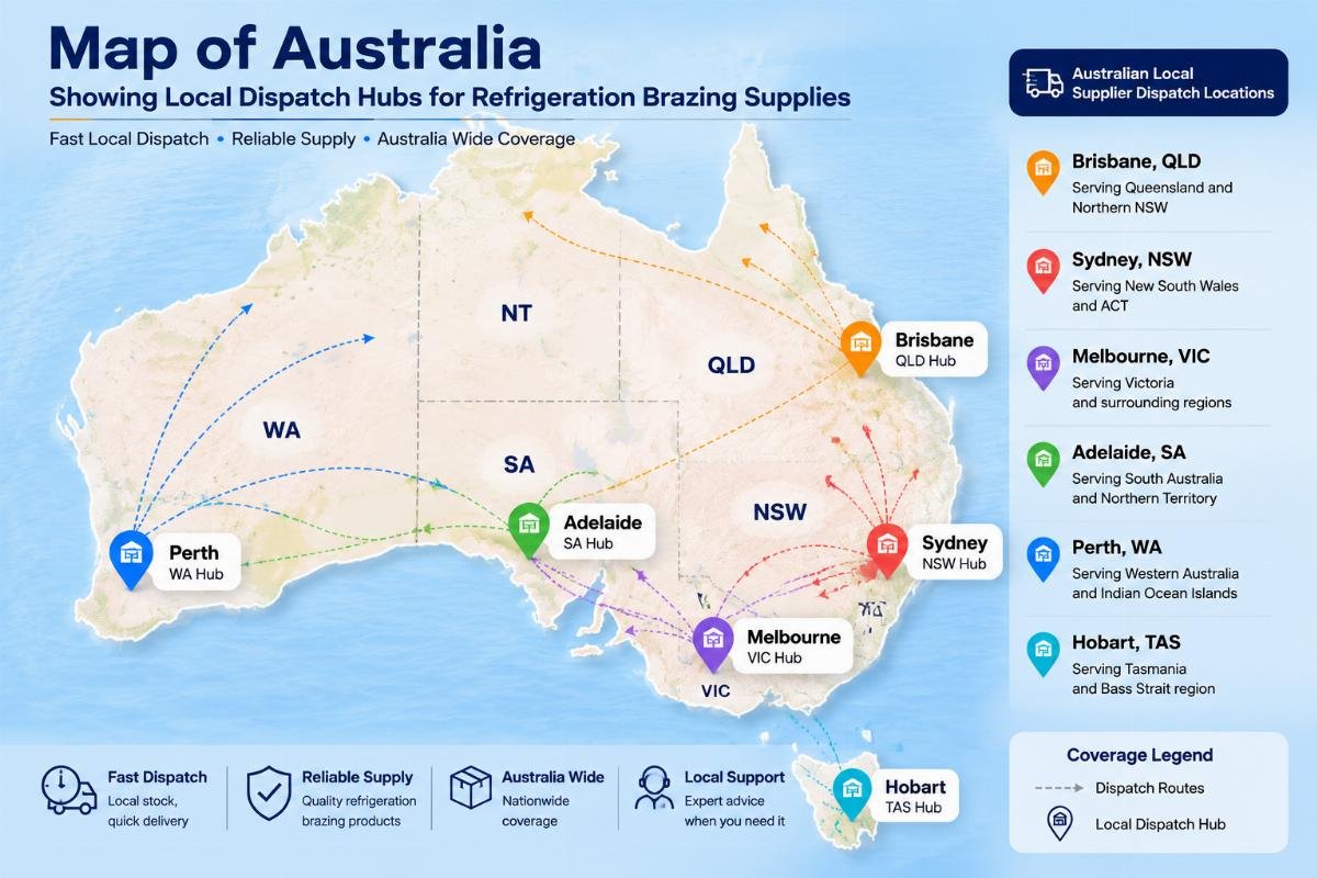 Map of Australia showing local dispatch hubs for refrigeration brazing supplies