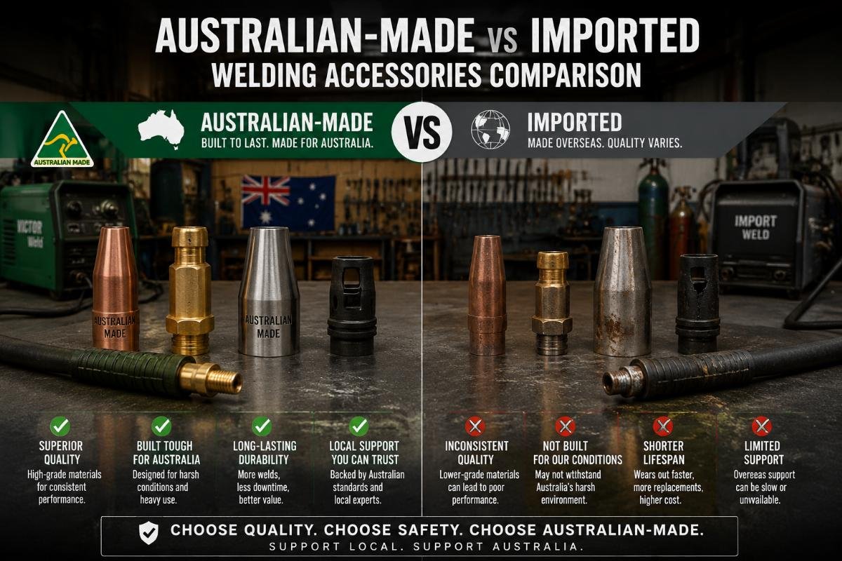 Side by side comparison of Australian-made and imported welding accessories in a workshop setting