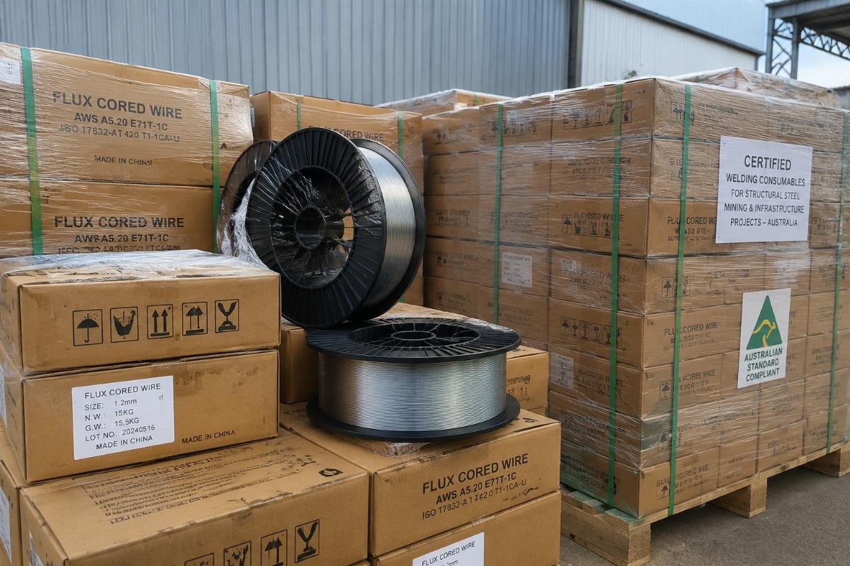 Bulk certified flux cored wire for Australian mining projects Certified structural steel welding consumables stacked for bulk site delivery