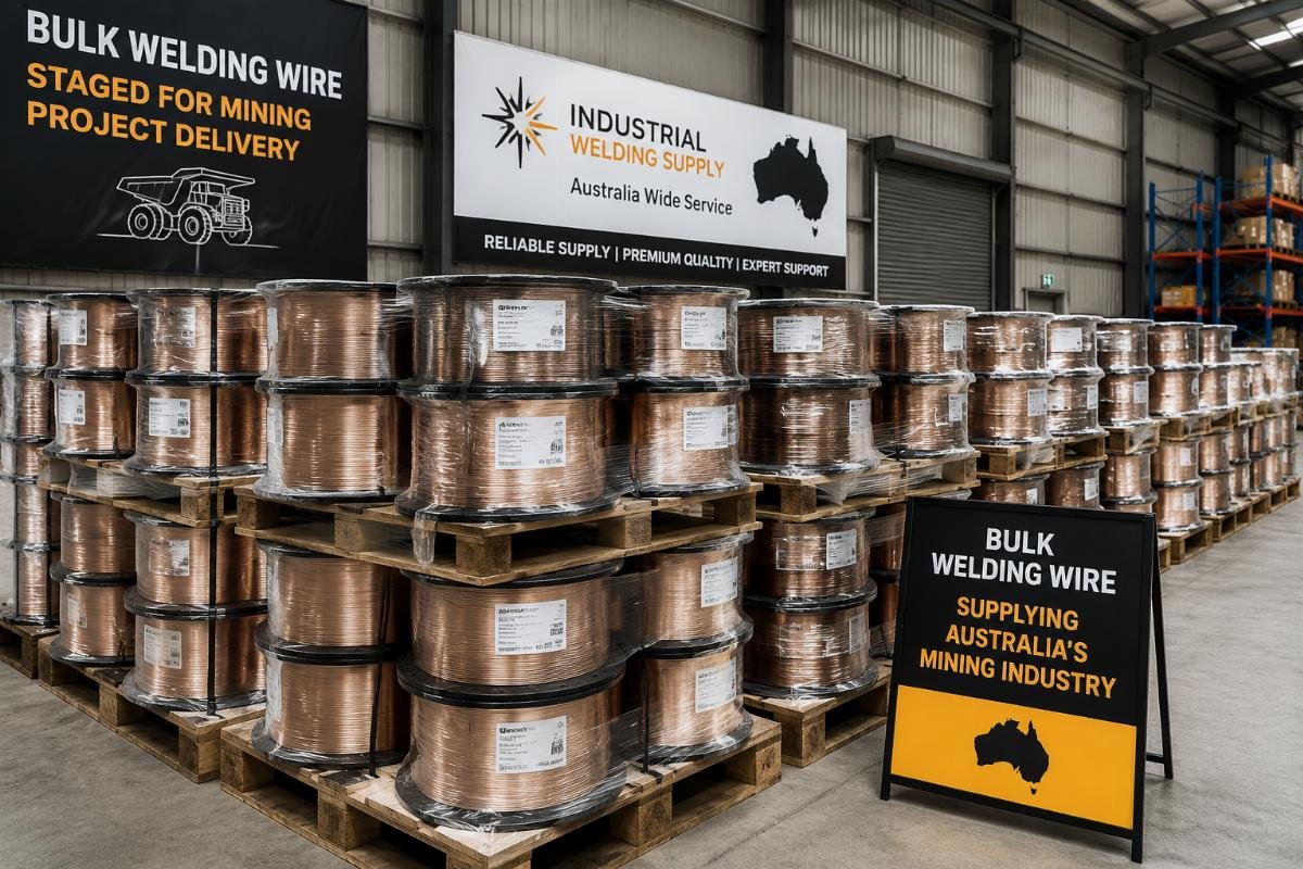 Bulk welding wire spools staged for mining project delivery