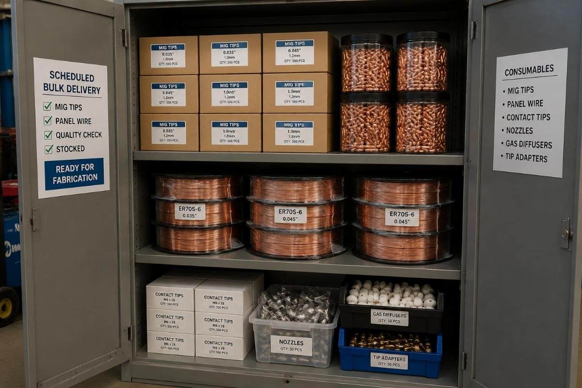 Bulk stored sheet metal fabrication consumables Scheduled bulk delivery of MIG tips and panel wire stacked in a workshop storage locker