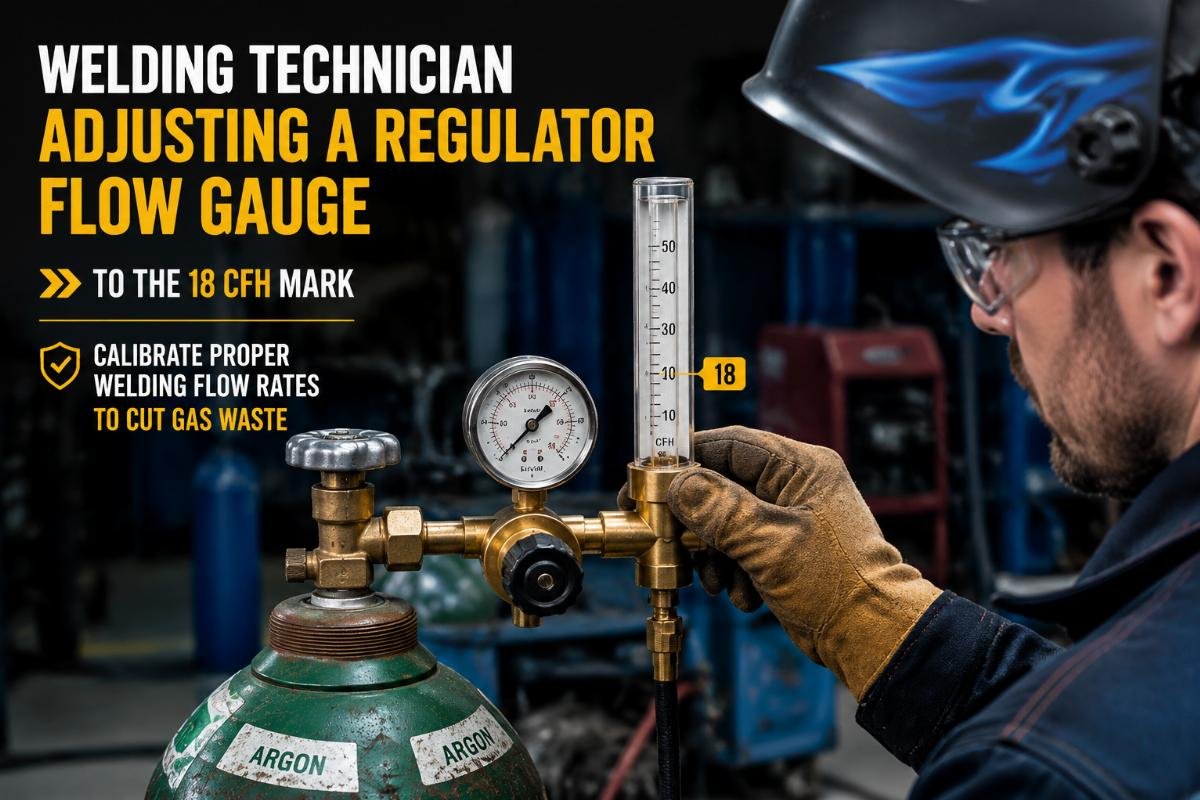 Welding technician adjusting a regulator flow gauge to the 18 CFH mark