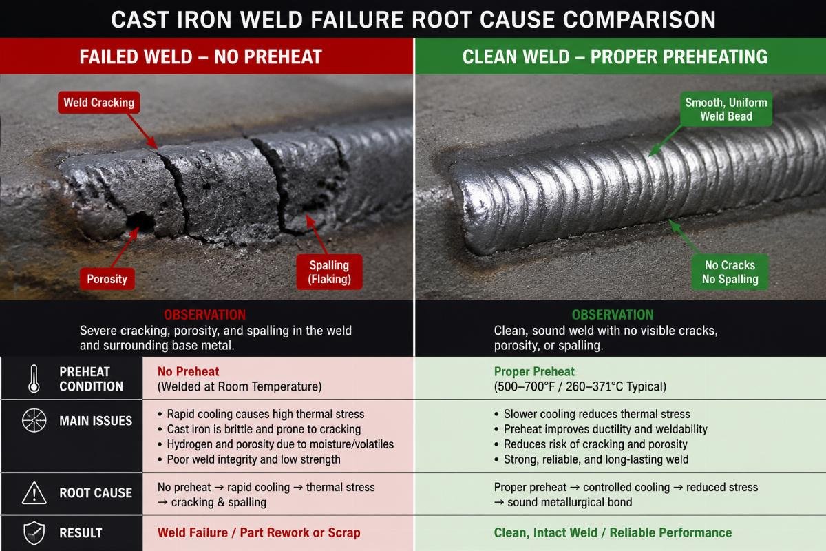 Side by side comparison of a failed cast iron weld with no preheat, and a clean intact weld with proper preheating