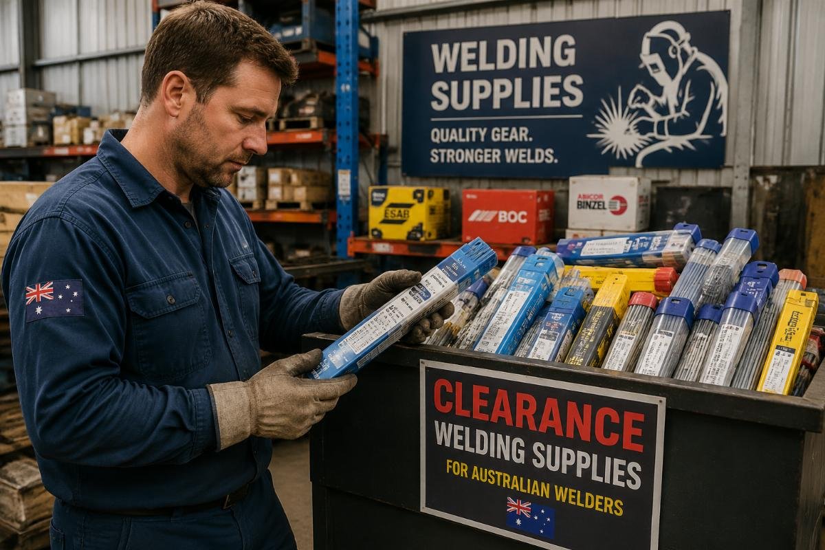 Australian welder inspecting clearance welding consumables next to a labeled storage bin
