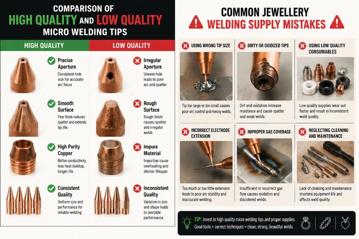 Common jewellery welding supply mistakes Comparison of high quality and low quality micro welding tips side by side