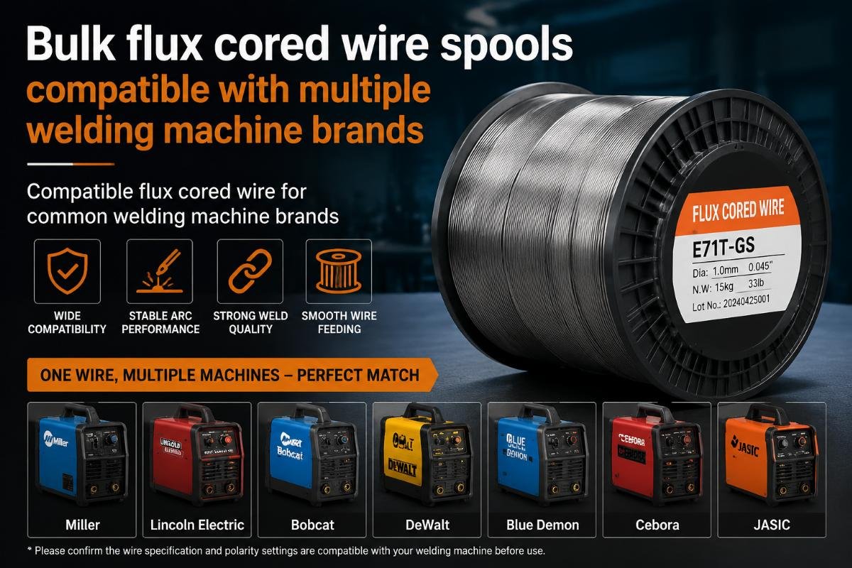 Compatible flux cored wire for common welding machine brands Bulk flux cored wire spools compatible with multiple welding machine brands