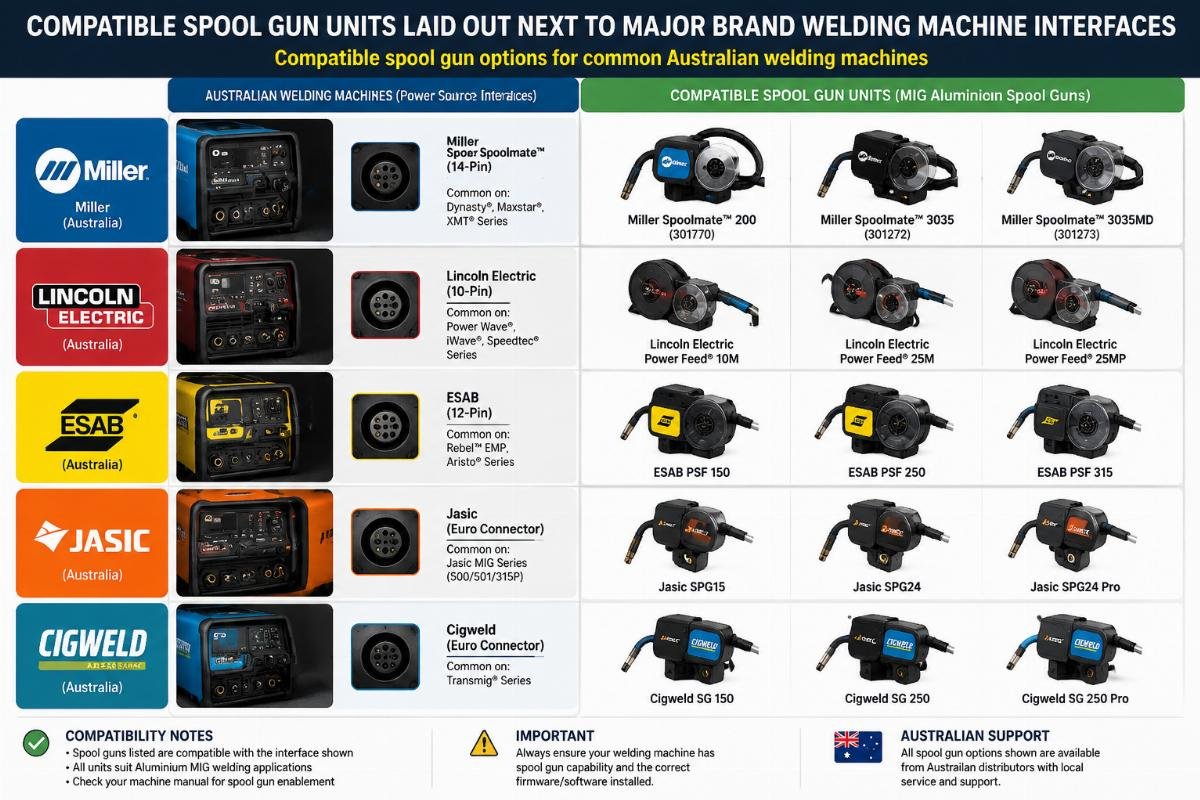 Compatible spool gun options for common Australian welding machines Compatible spool gun units laid out next to major brand welding machine interfaces