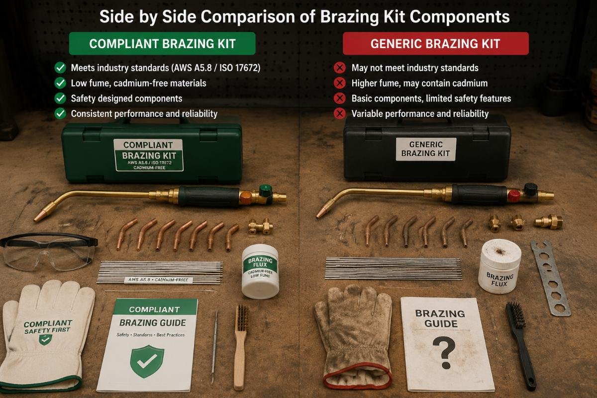 Side by side comparison of compliant and generic brazing kit components laid out on a workbench