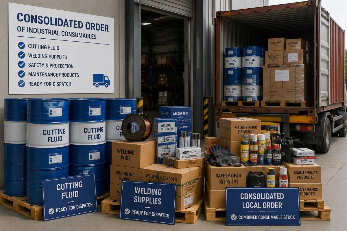 Consolidated order of industrial consumables including cutting fluid barrels and welding supplies ready for dispatch