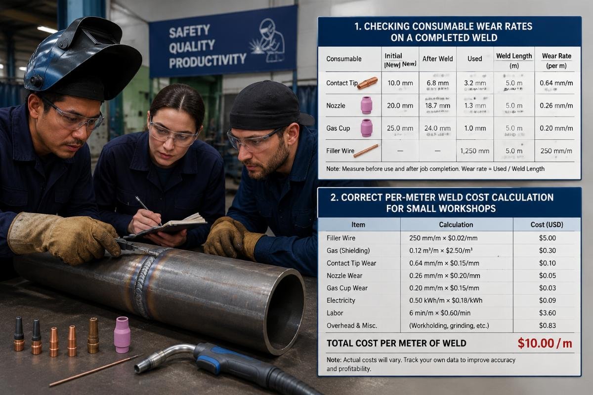 Correct per-meter weld cost calculation for small workshops Welding workshop team checking consumable wear rates on a completed weld