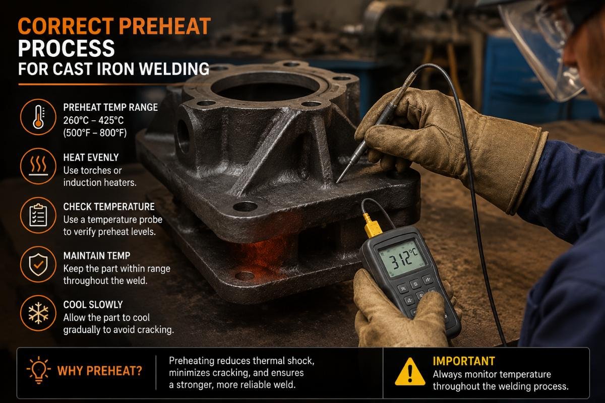 A technician using a temperature probe to verify preheat levels on a cast iron component before starting a weld