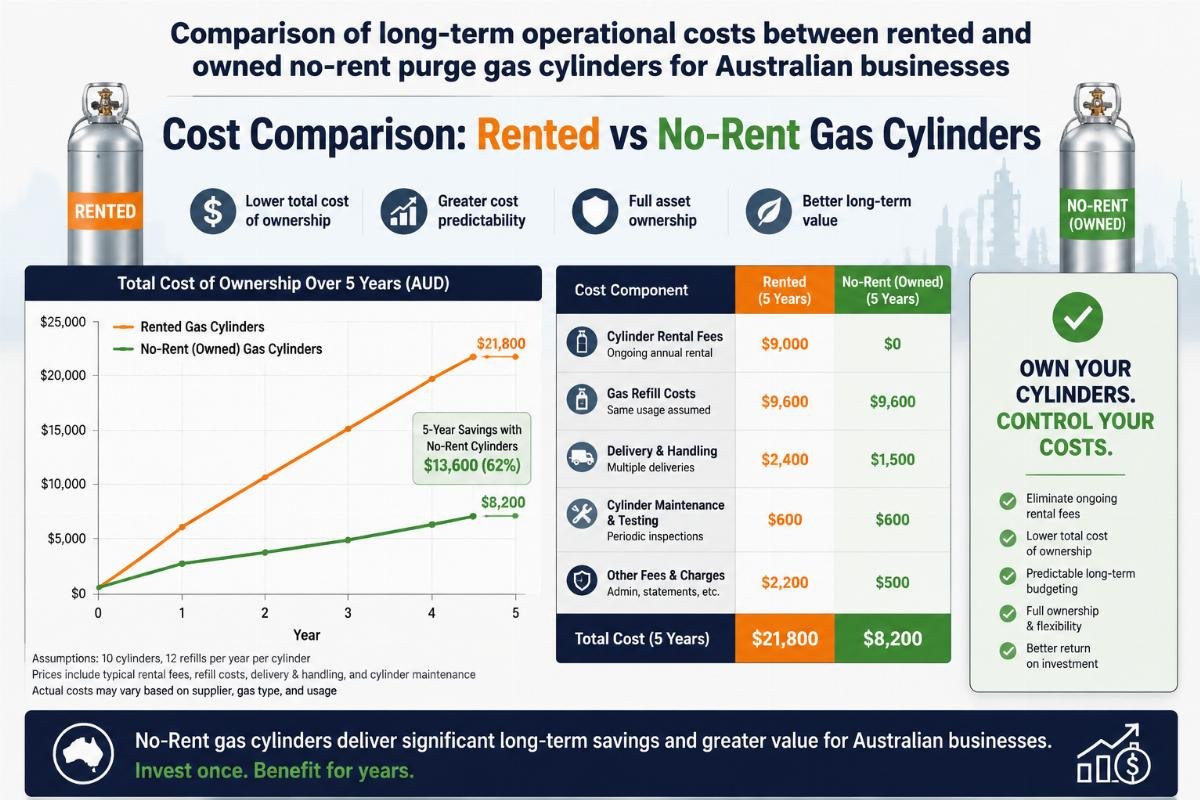 Comparison of long-term operational costs between rented and owned no-rent purge gas cylinders for Australian businesses