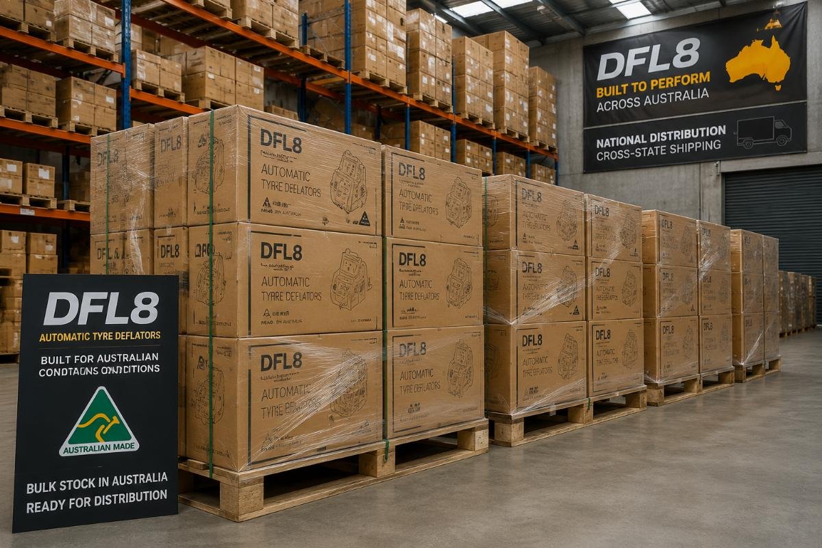 DFL8 bulk stock in Australian warehouse for distribution Bulk stacked DFL8 automatic tyre deflators in a national distribution warehouse ready for cross-state shipping