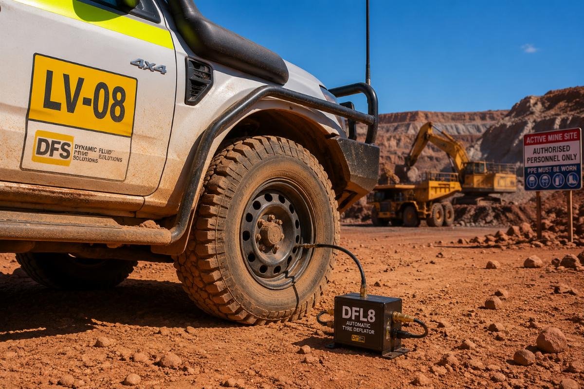 DFL8 deflator in mining site operating environment DFL8 automatic tyre deflator installed on a 4WD vehicle at a remote Australian mining site