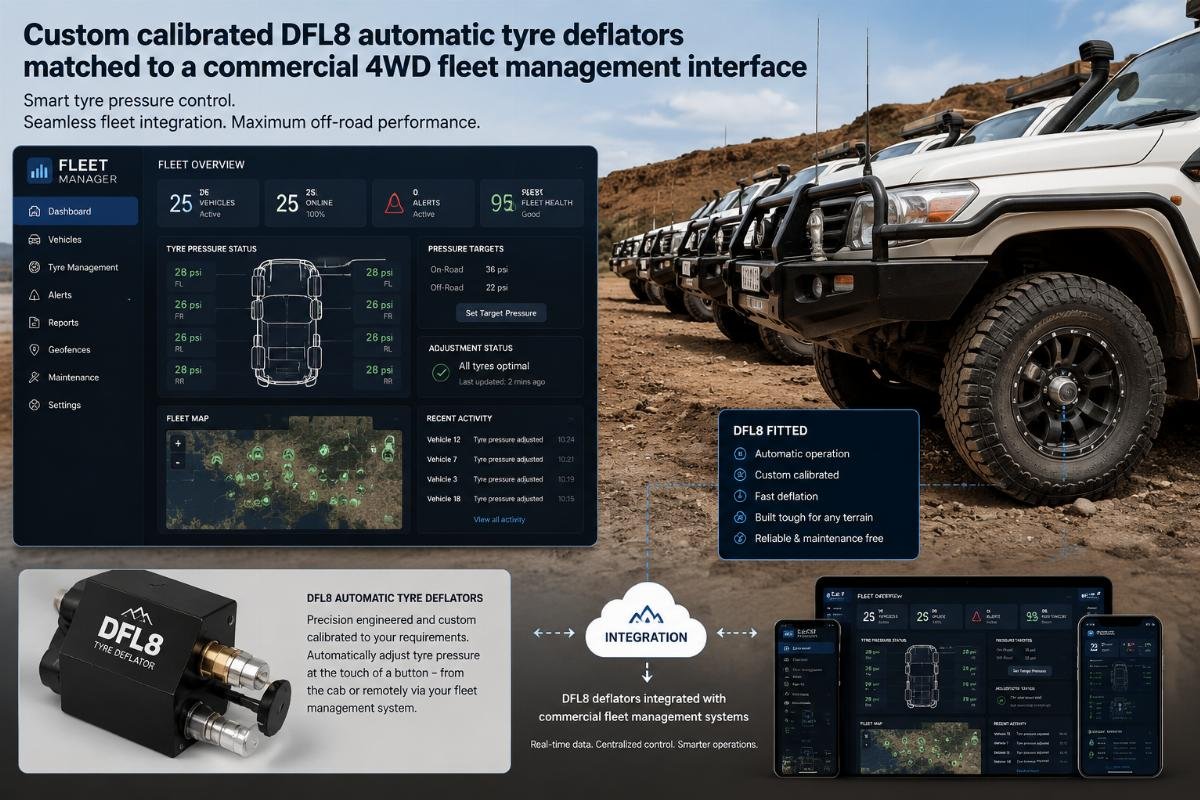 DFL8 deflators integrated with commercial fleet management systems Custom calibrated DFL8 automatic tyre deflators matched to a commercial 4WD fleet management interface