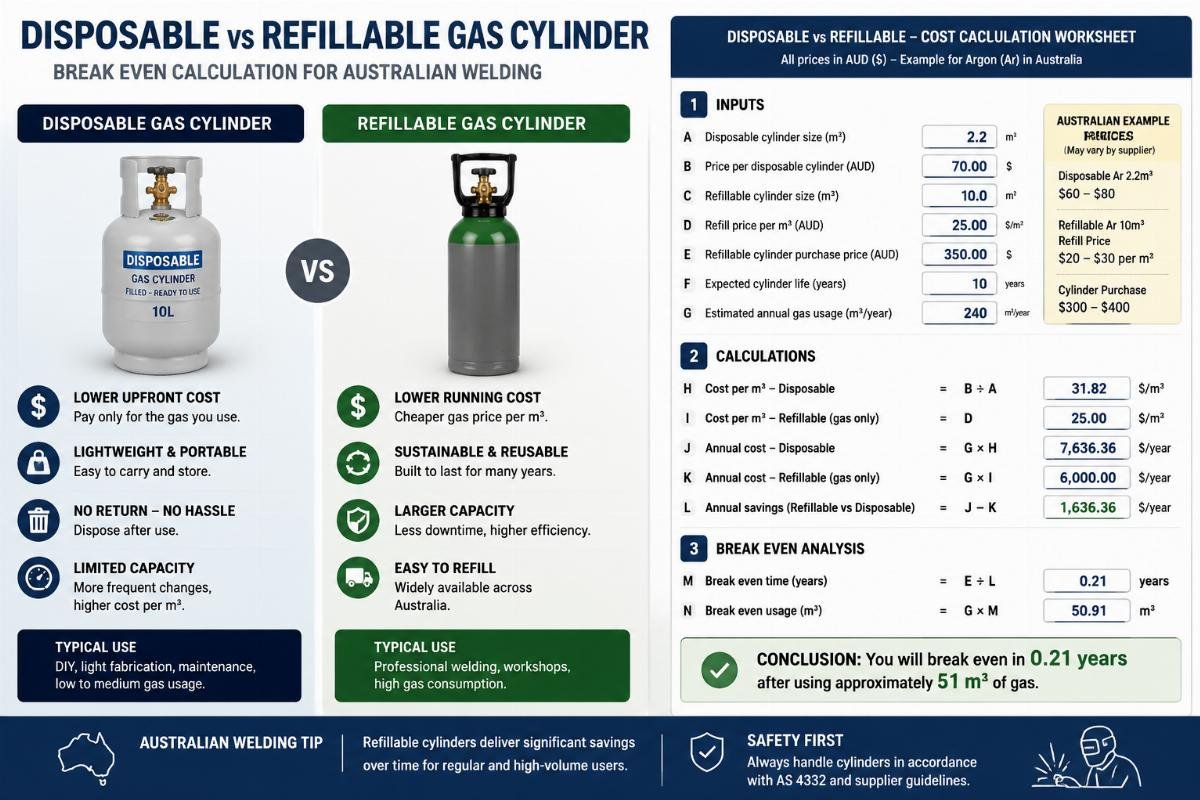 Side-by-side comparison of disposable and refillable gas cylinders with a cost calculation worksheet