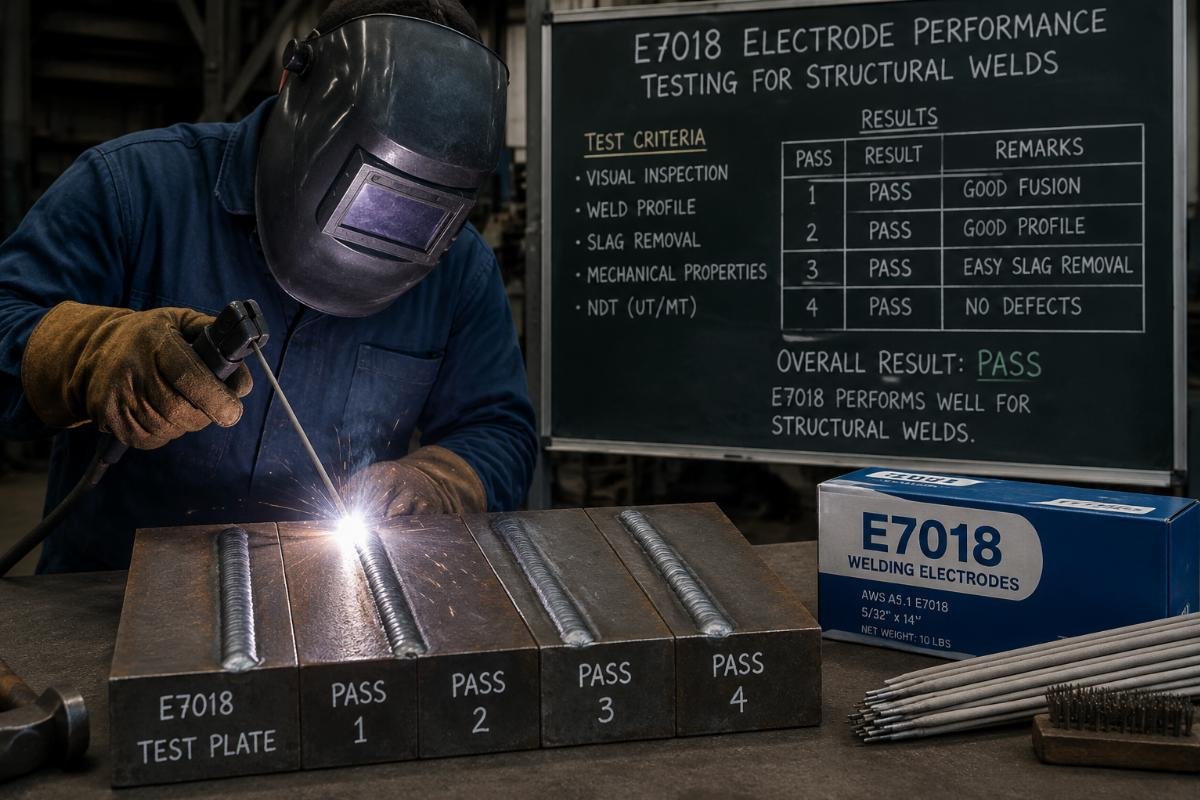 E7018 electrode performance testing for structural welds Welder testing E7018 electrode performance on structural steel test plates