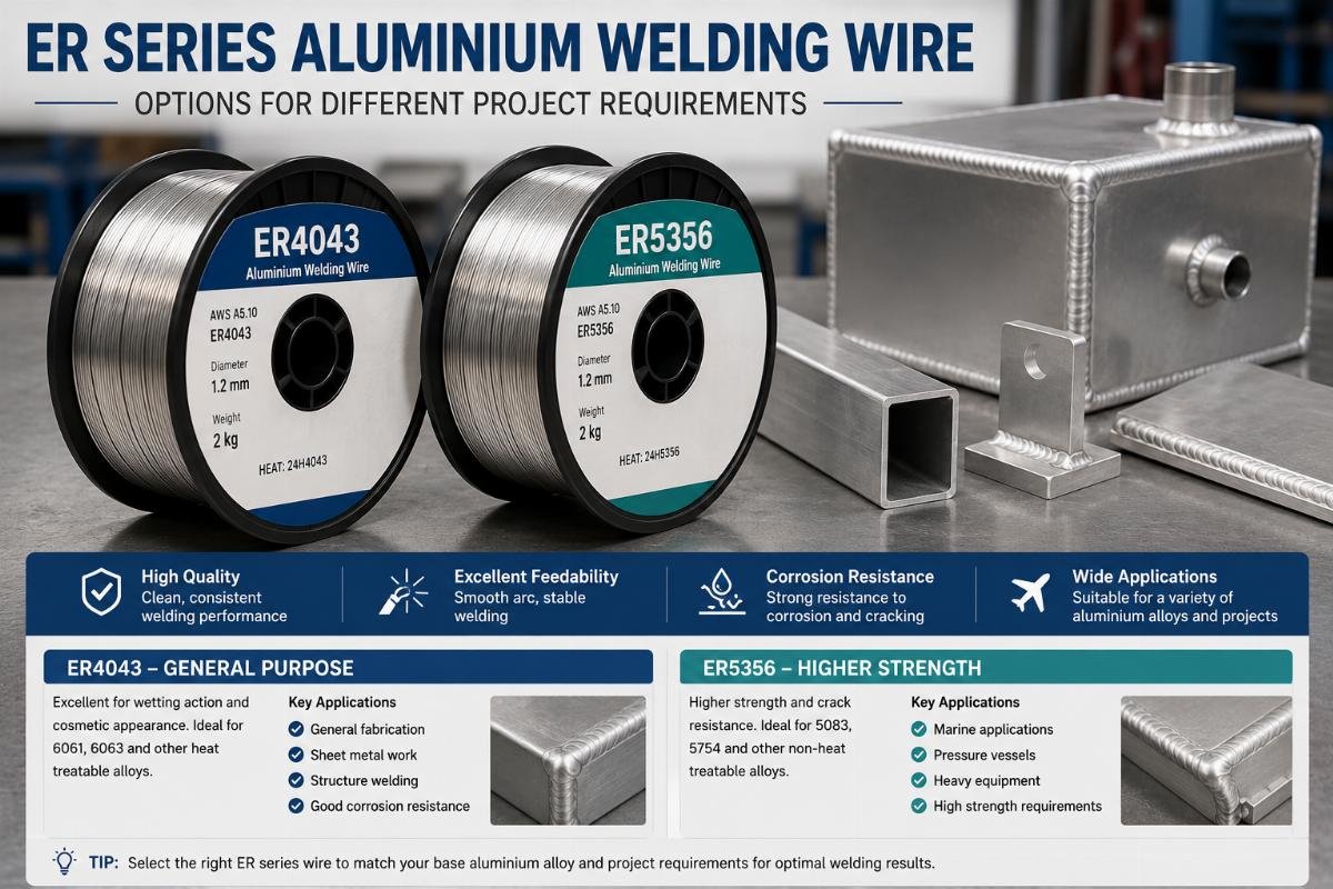 ER series aluminium welding wire options for different project requirements ER4043 and ER5356 welding wire spools next to example aluminium project parts
