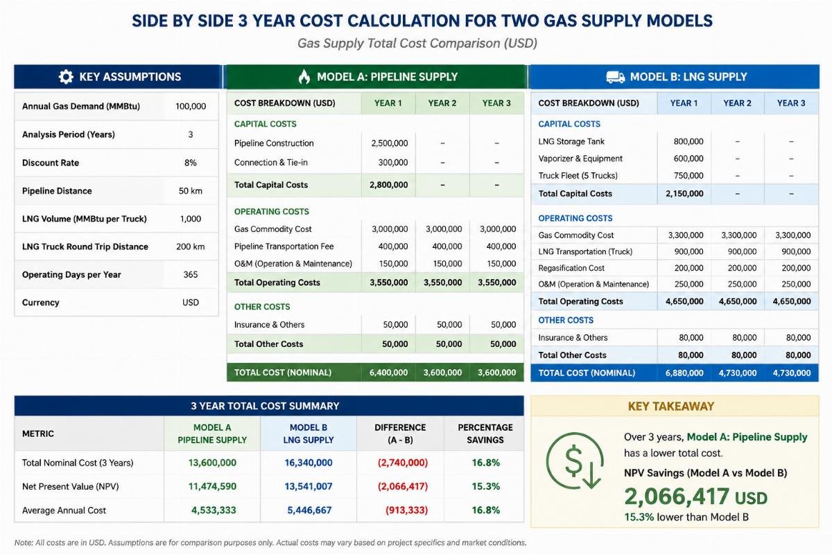 Side by side 3 year cost calculation spreadsheet for two gas supply models