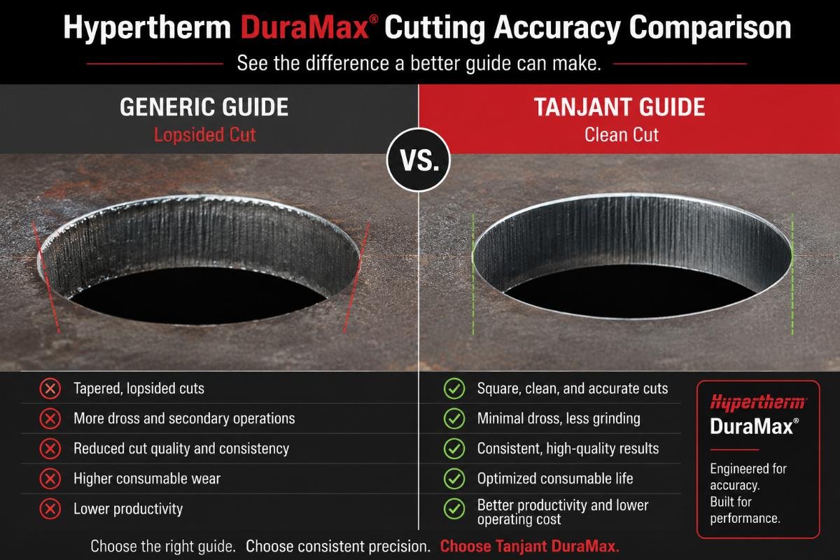Side-by-side comparison of lopsided cut from generic guide vs clean cut from Tanjant guide