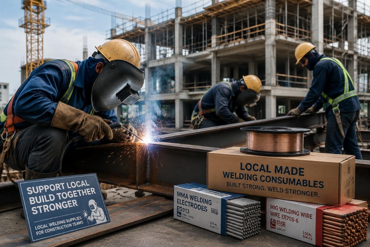 Local welding supplies for construction teams Welding team working on a commercial building site with local made consumables