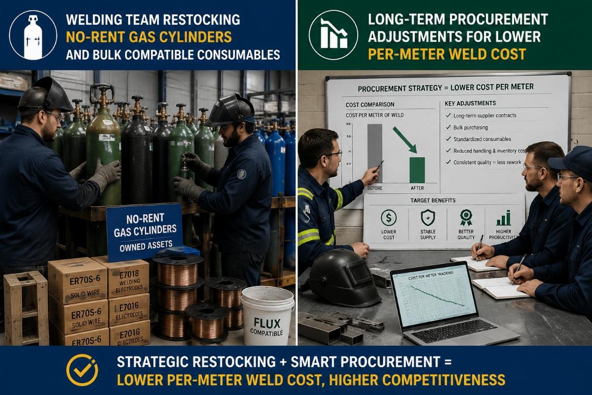 Long-term procurement adjustments for lower per-meter weld cost Welding team restocking no-rent gas cylinders and bulk compatible consumables