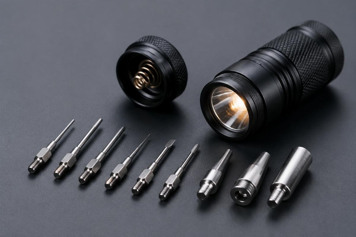 Micro tip and little torch components Close up of interchangeable micro tips laid out next to a compact little torch