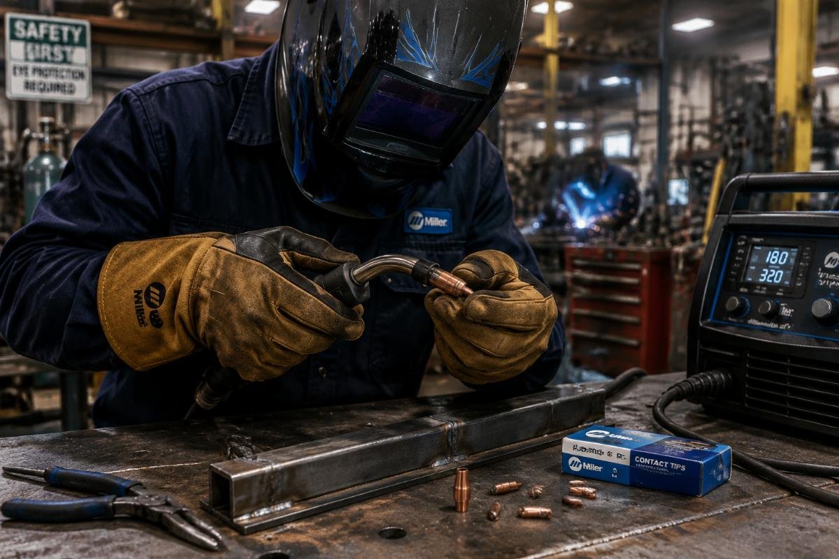 MIG contact tip swap during active work Welder swapping a MIG contact tip mid-job in a busy fabrication workshop