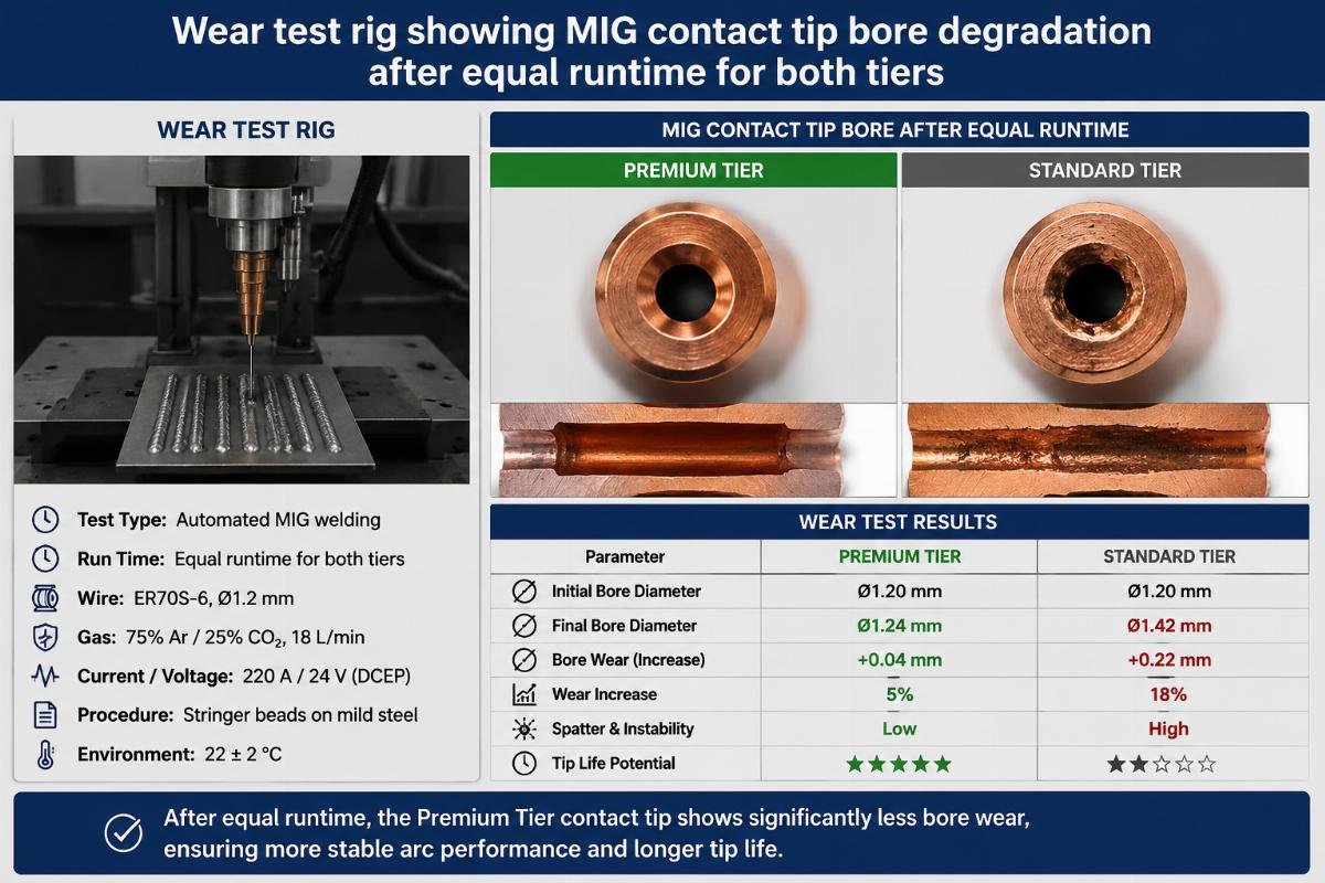 MIG contact tip wear test results Wear test rig showing MIG contact tip bore degradation after equal runtime for both tiers