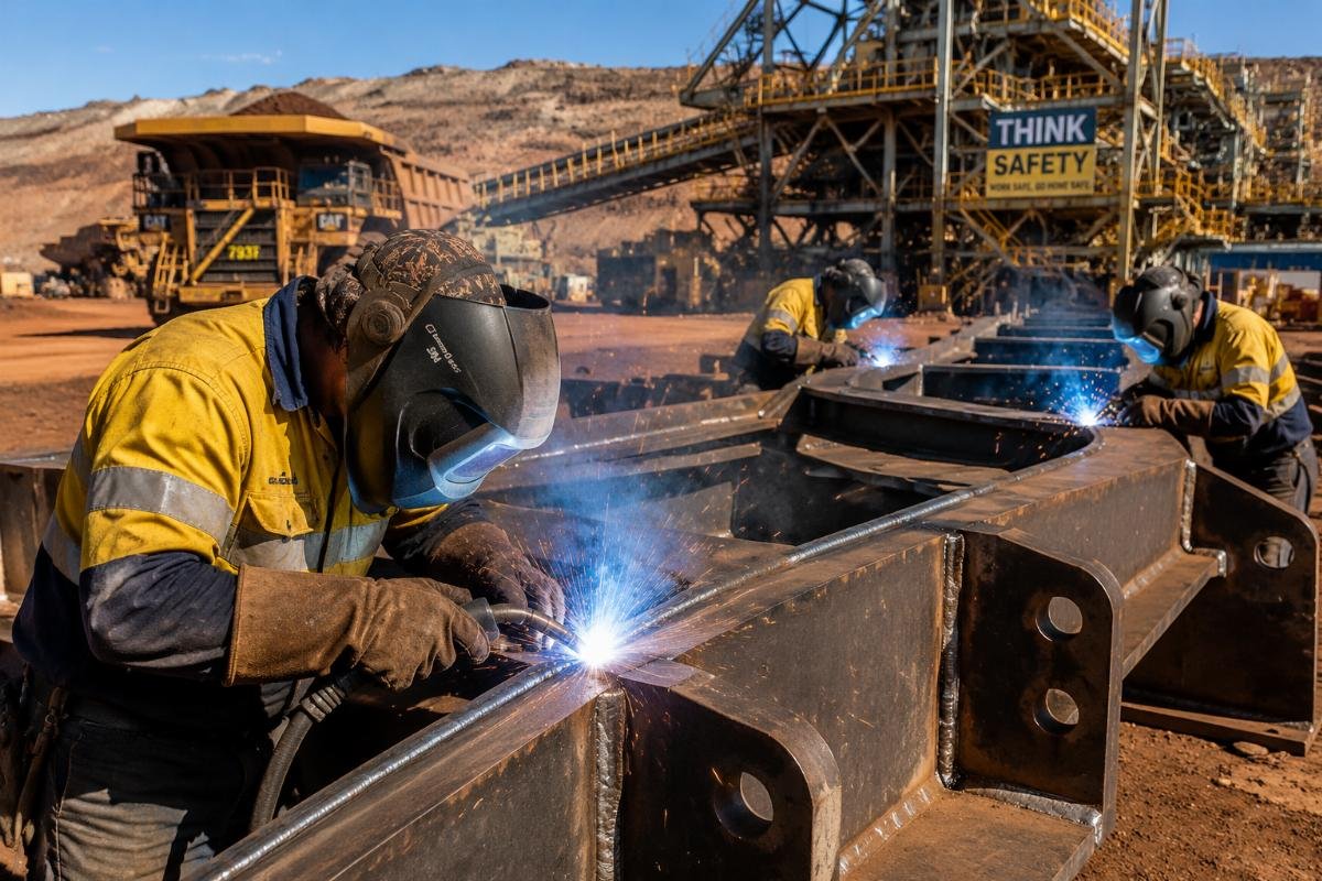 MIG welding for Australian mining operations Mining site welding crew working on heavy structural steel components