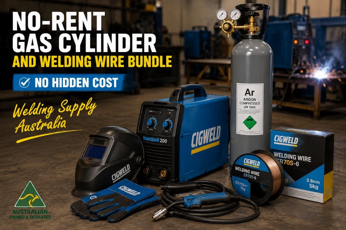 No-rent gas cylinder and welding wire bundle on workshop floor