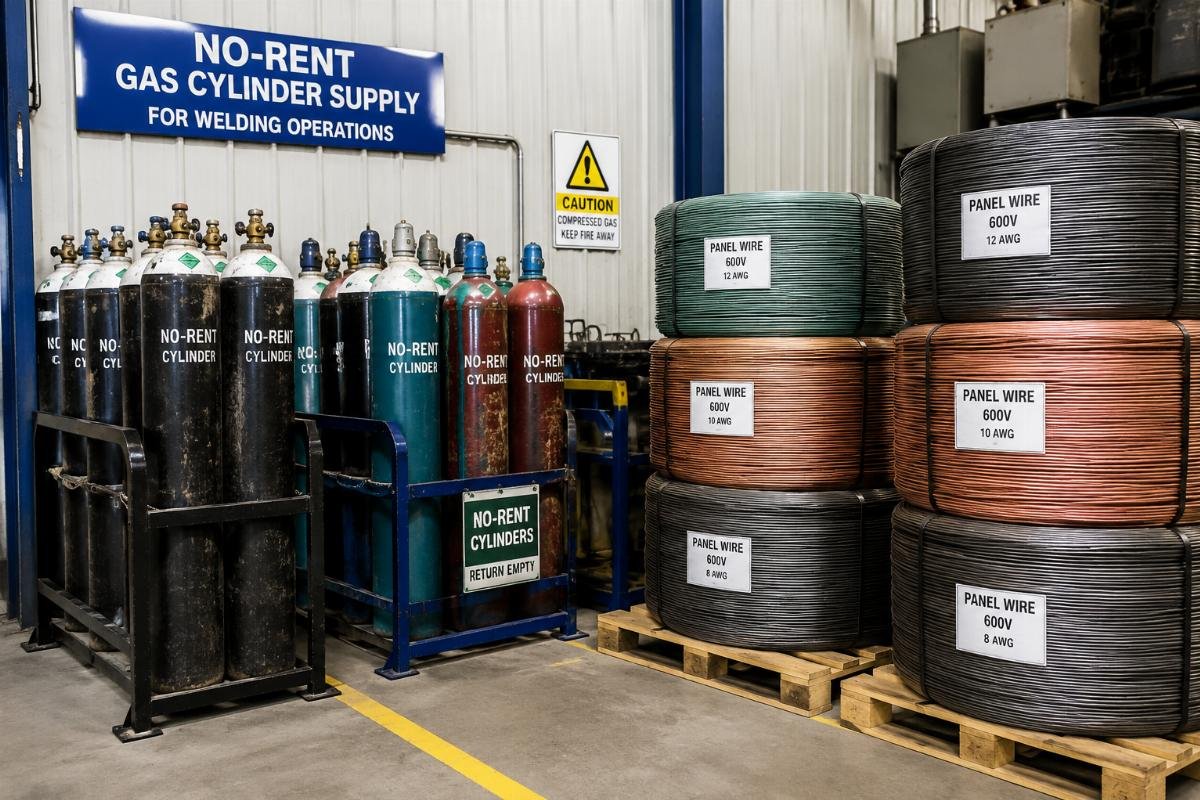 No-rent gas cylinder supply for welding operations No-rent gas cylinders stacked next to bulk panel wire rolls in an industrial workshop storage area