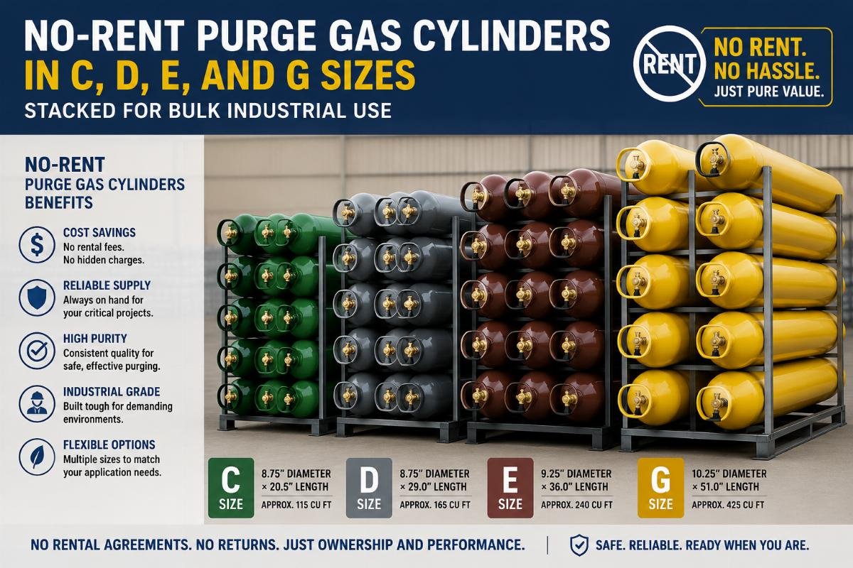 No-rent purge gas cylinders in C, D, E, and G sizes stacked for bulk industrial use