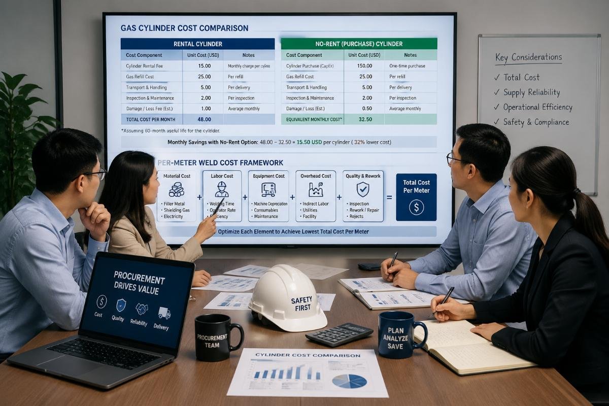 Per-meter weld cost framework for large industrial procurement Procurement team reviewing gas rental and no-rent cylinder cost comparison tables