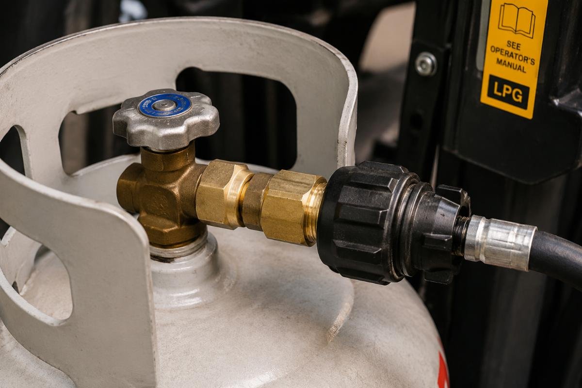 Close up of POL adapter connection on a 15kg forklift LPG gas bottle