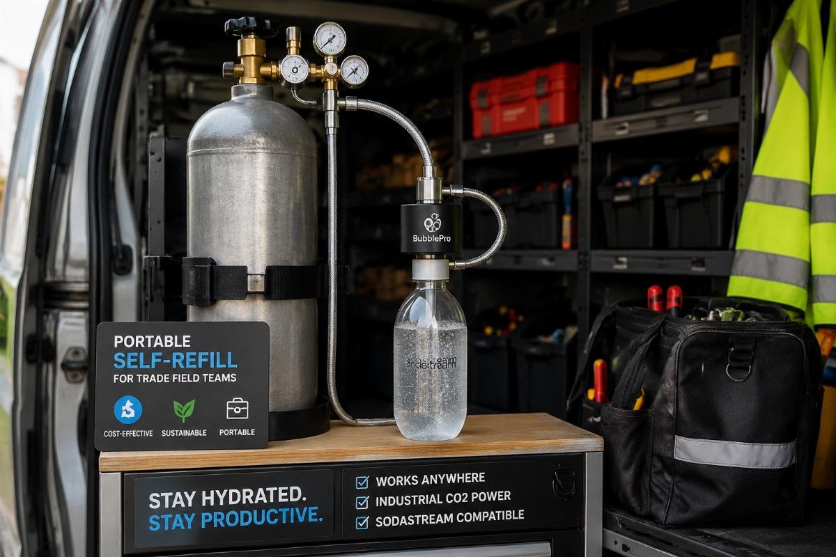 Portable self-refill setup for trade field teams Adapter paired with industrial CO2 cylinder and Sodastream bottle in a work van setup