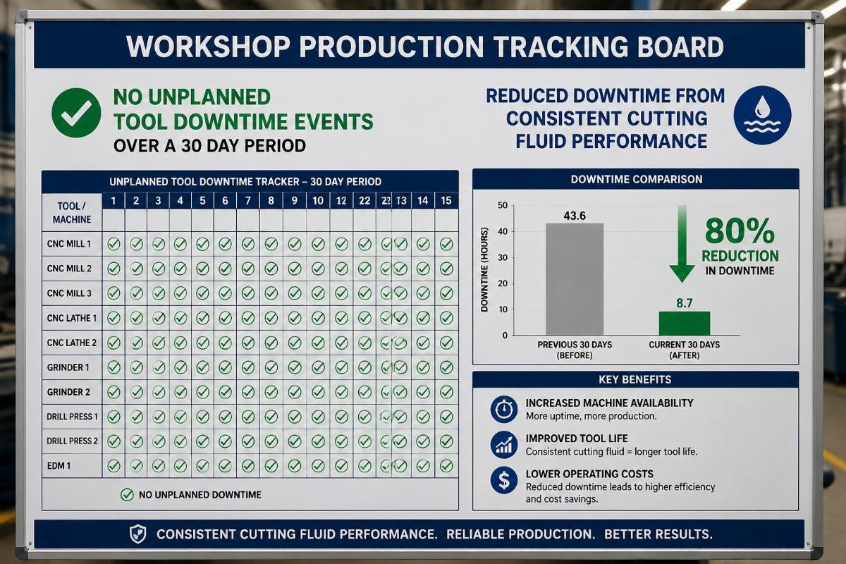 Workshop production tracking board showing no unplanned tool downtime events over a 30 day period