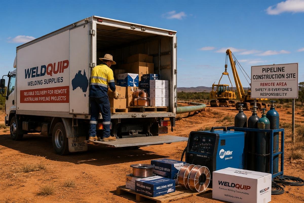 Delivery truck unloading welding supplies at a remote Australian construction site