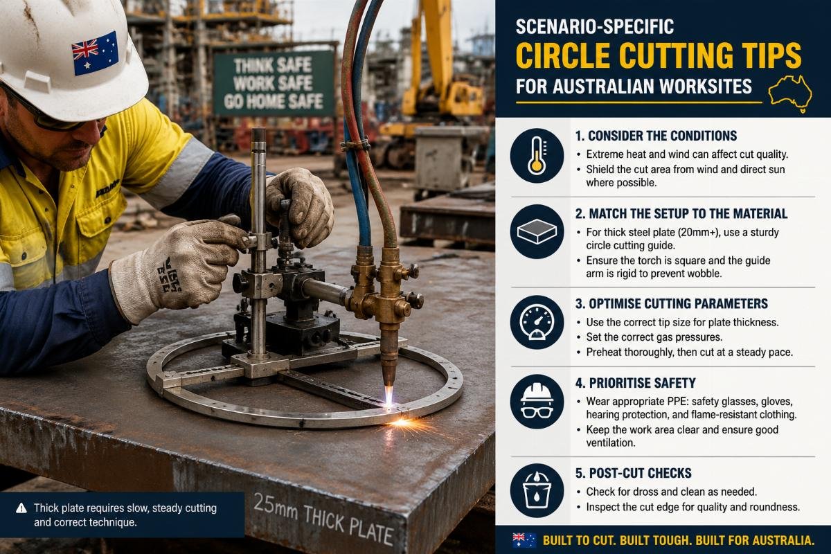 Worker adjusting cutting guide settings for a thick steel plate cut