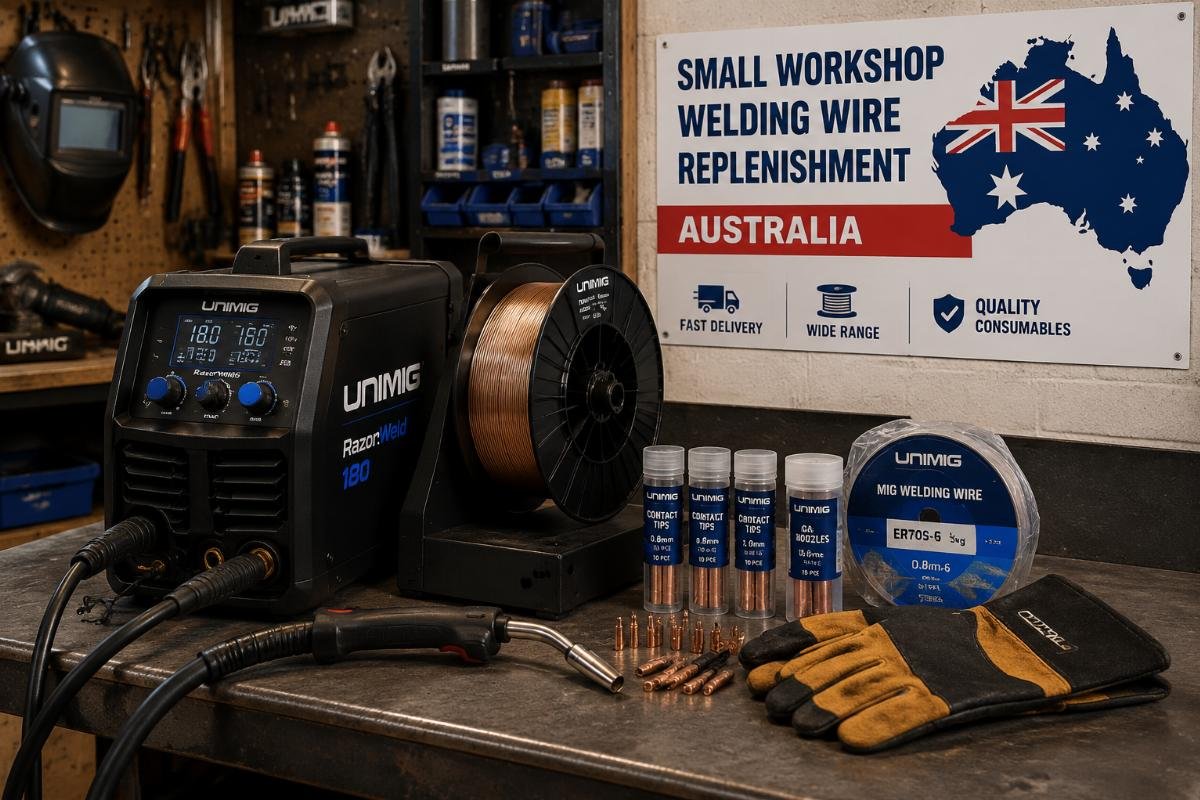 Small workshop welding station with wire spool and consumable set