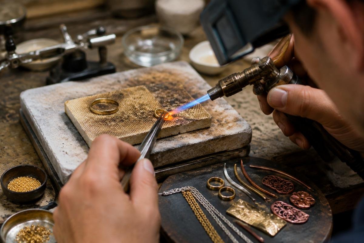 Soldering different jewellery materials Jewellery maker soldering a small gold component with a precision torch