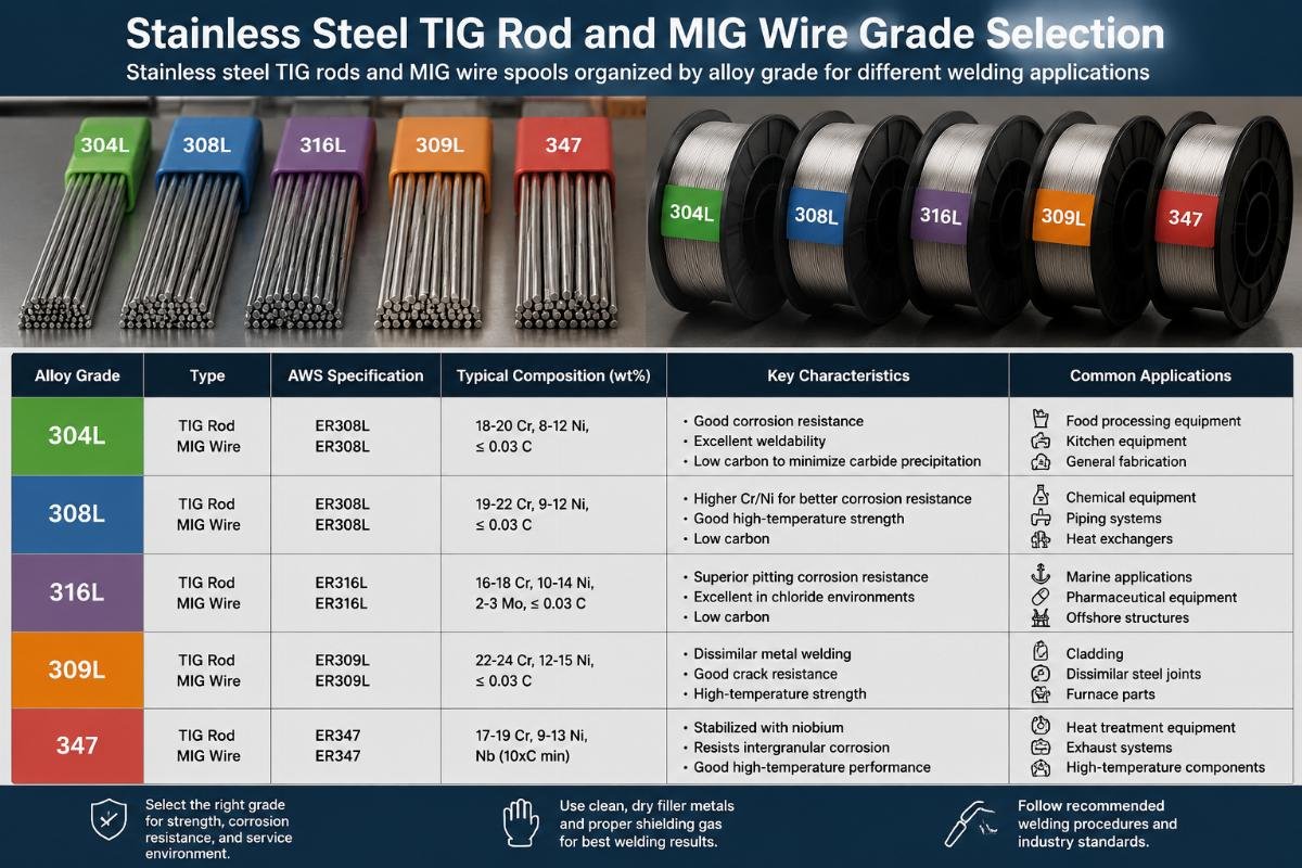 Stainless steel TIG rods and MIG wire spools organized by alloy grade for different welding applications