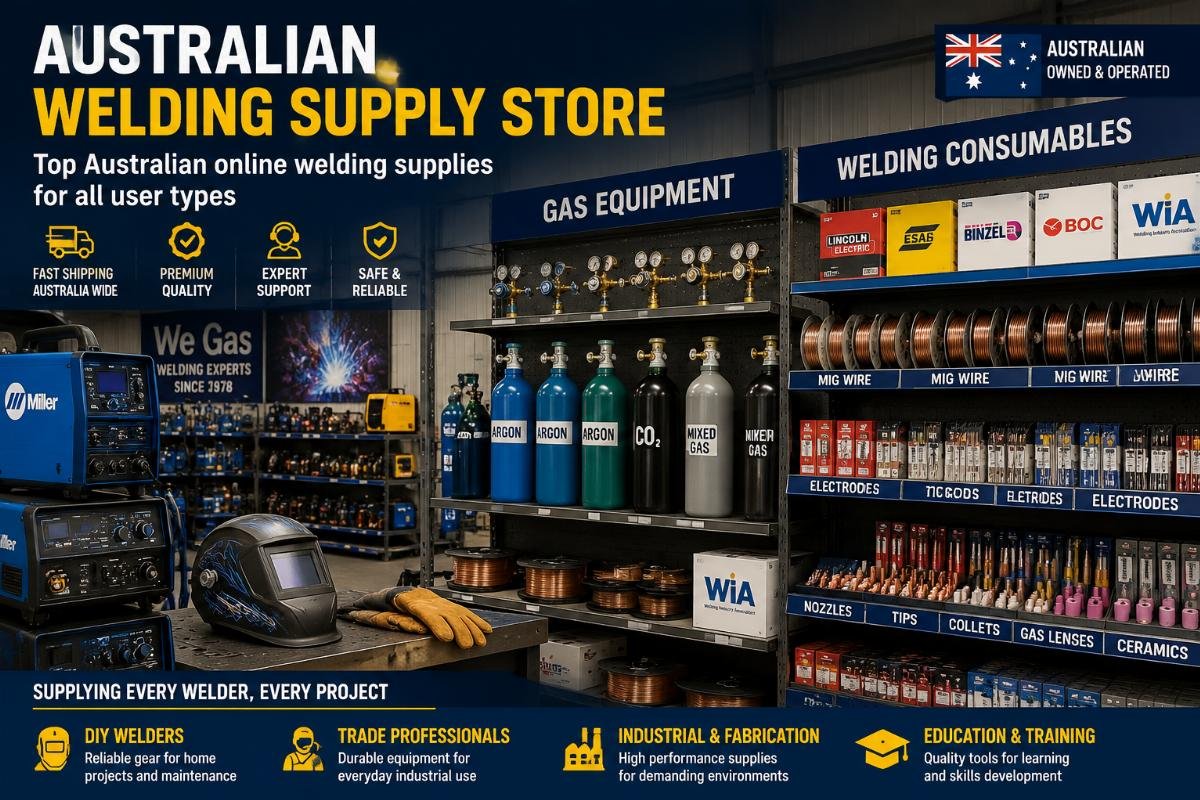 Australian welding supply store shelves with gas bottles and consumable SKUs