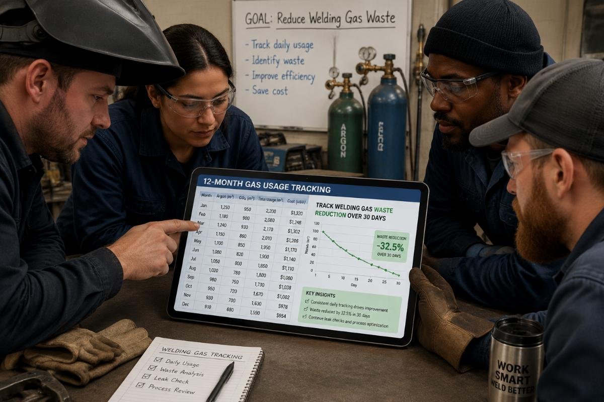 Workshop team reviewing a 12-month gas usage tracking spreadsheet on a tablet