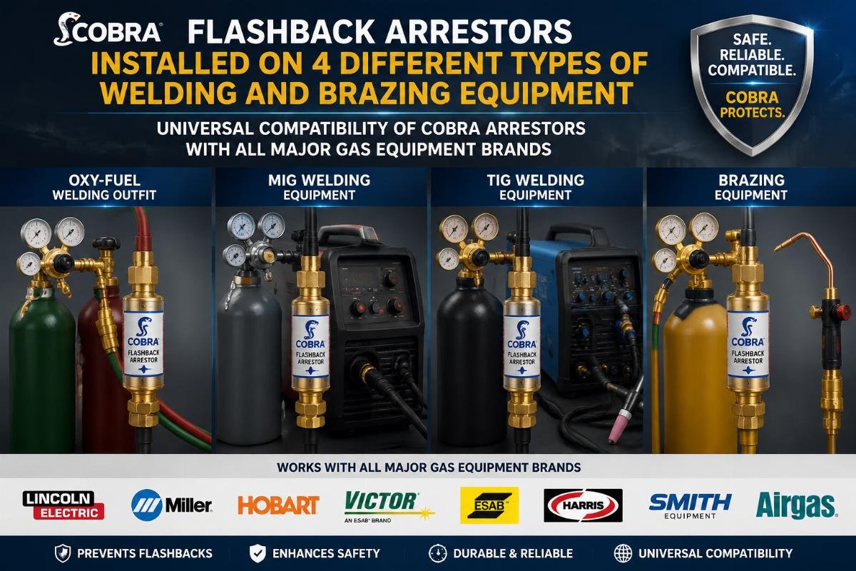 COBRA flashback arrestors installed on 4 different types of welding and brazing equipment side by side