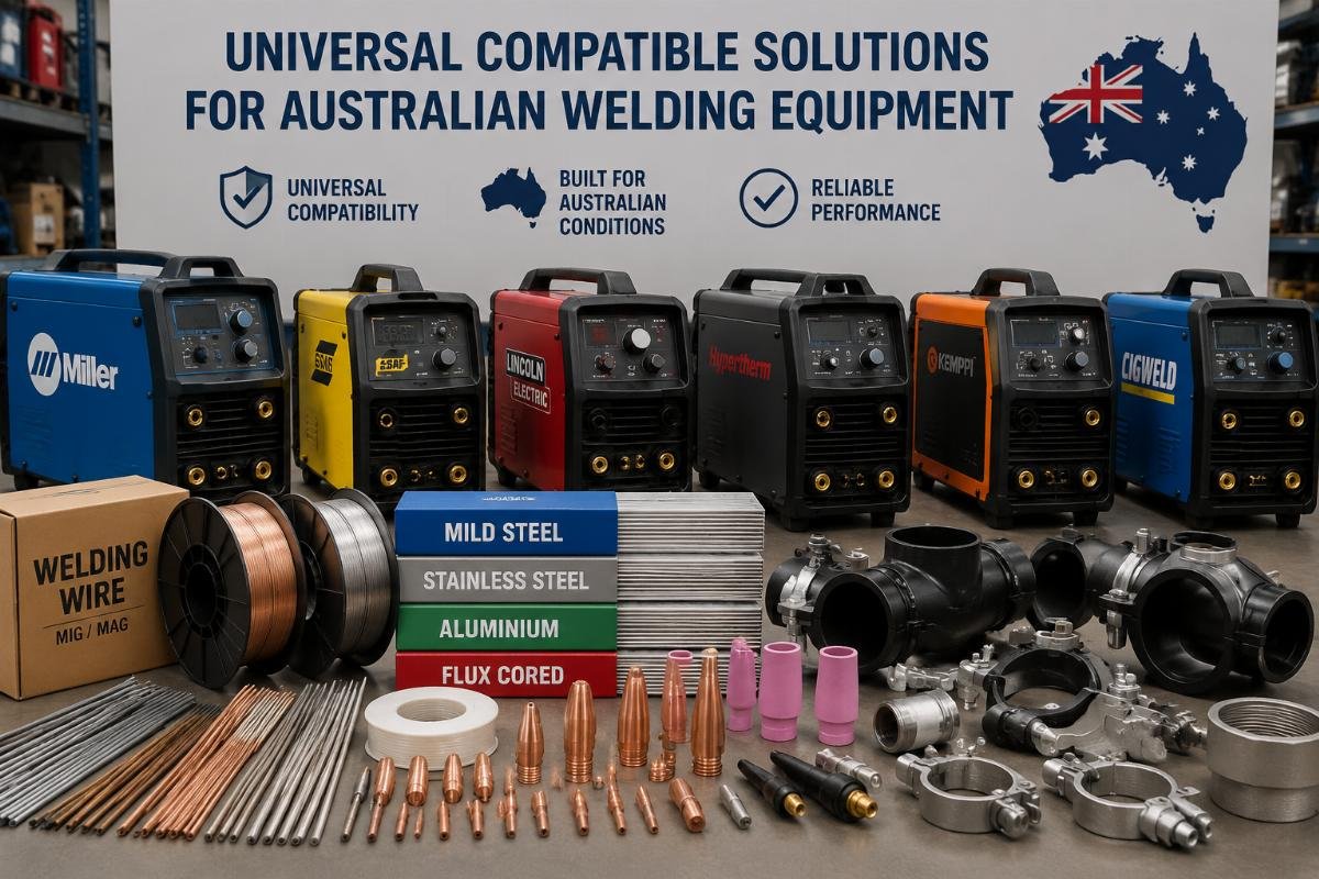 Compatible welding consumables laid out next to multiple brand welding machines